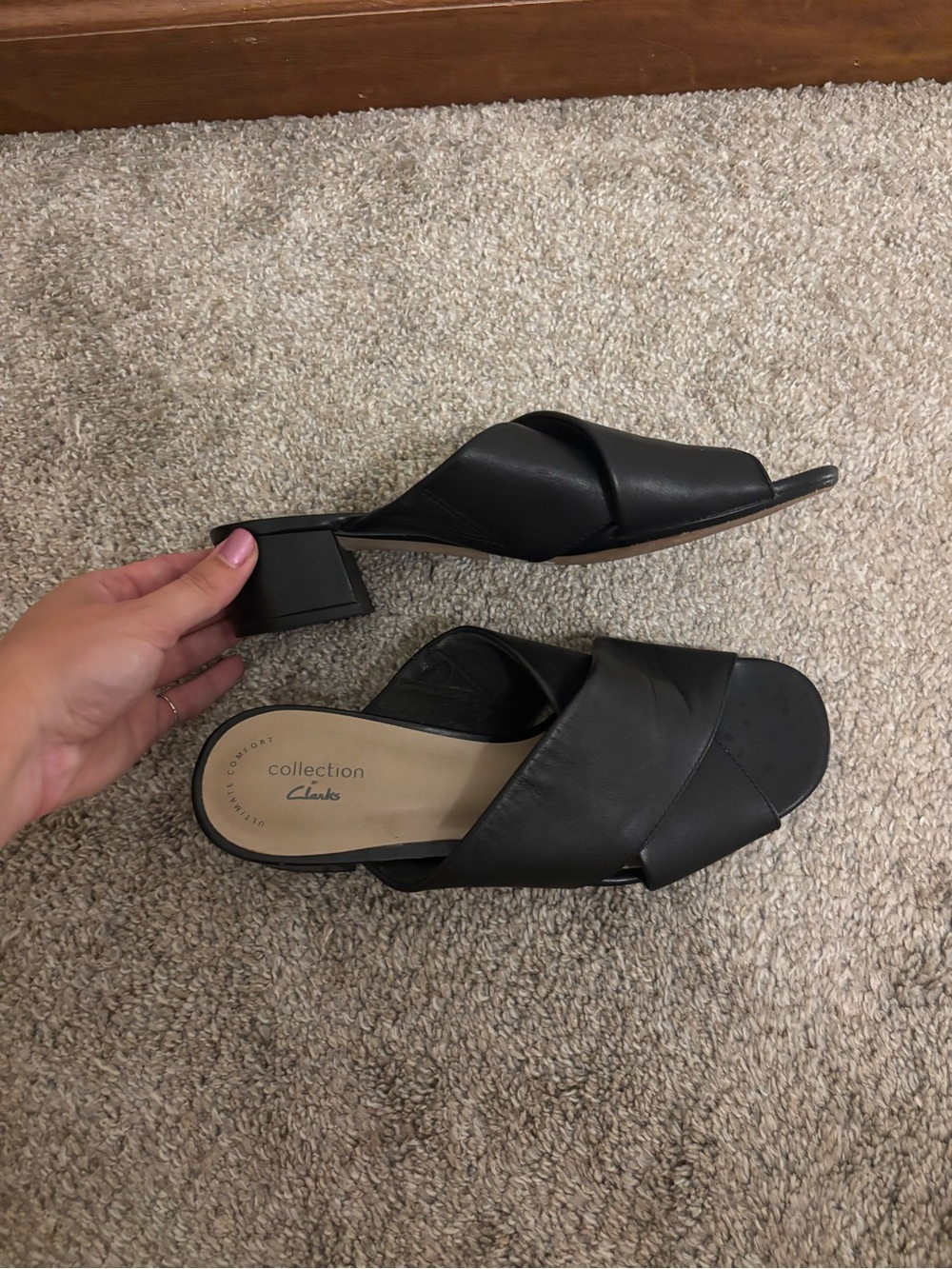 Clarks Black Leather Crossover Slide Heels